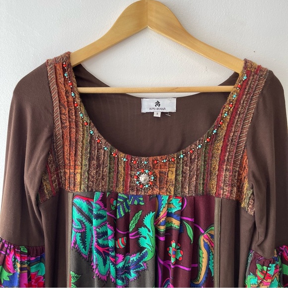 ANTHROPOLOGIE RITU KUMAR Floral Boho Dress Woman’s 3 (Medium) Elbow Sleeve - Picture 4 of 10